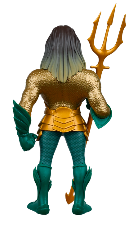 The MINIX DC Comics Aquaman and the Lost Kingdom Aquaman Figure is shown from the back, featuring his brown-to-blonde hair, gold scaled armor, teal pants, and a gold trident
