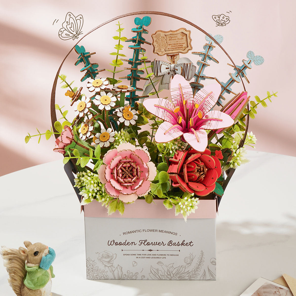 Robotime Wooden Bloom Flower Basket Diy puzzle front view basket sitting on table