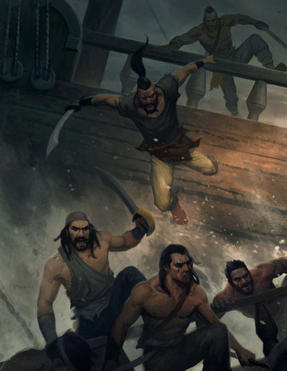 Several pirates ferociously boarding a ship. A lead pirate leaps with a cutlass, while others climb intensely through splashing water.