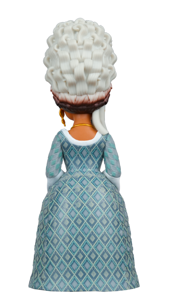 Rear view of a MINIX Bridgerton Queen Charlotte Figure featuring an elaborate white wig, gold jewelry, and a blue dress with a diamond pattern