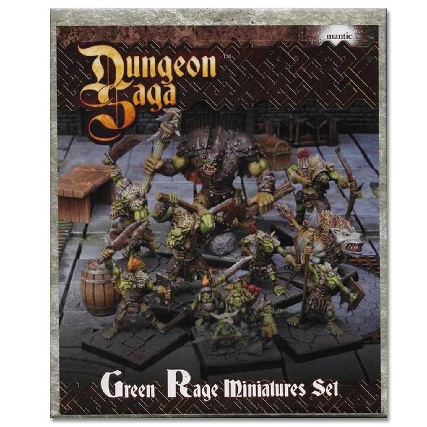 Box art for Dungeon Saga Green Rage Miniatures Set, showing numerous fantasy orc, goblin, and wolf miniatures
