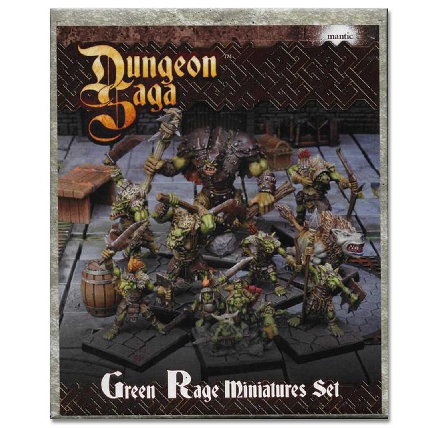 Box art for Dungeon Saga Green Rage Miniatures Set, showing numerous fantasy orc, goblin, and wolf miniatures