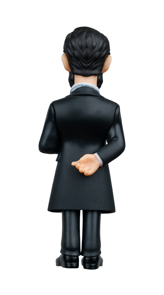 A MINIX President Abraham Lincoln figure is viewed from the back showcasing his dark hair black suit and hands clasped behind him