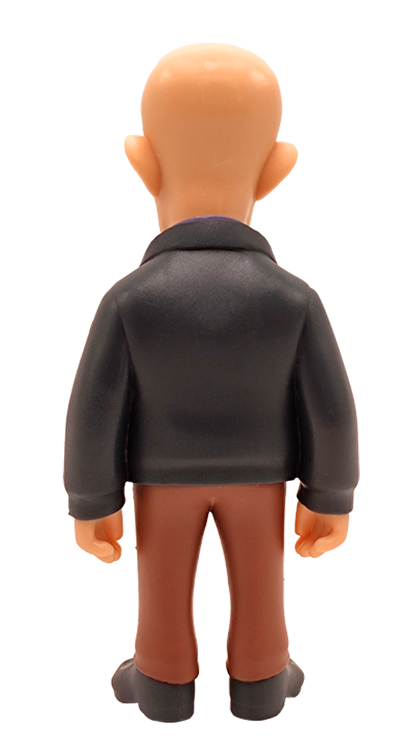 Back view of Minix Better Call Saul Mike Ehrmantraut collectible vinyl figure featuring a bald character with a white goatee purple shirt and black jacket
