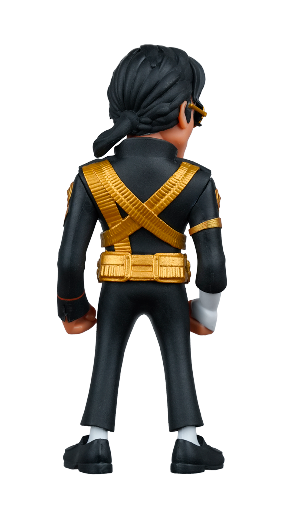 The MINIX Michael Jackson 10k Version Figure seen from the back, wearing a black uniform with gold straps and belt, black shoes, and a black ponytail