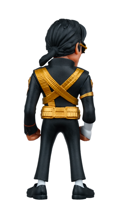 The MINIX Michael Jackson 10k Version Figure seen from the back, wearing a black uniform with gold straps and belt, black shoes, and a black ponytail