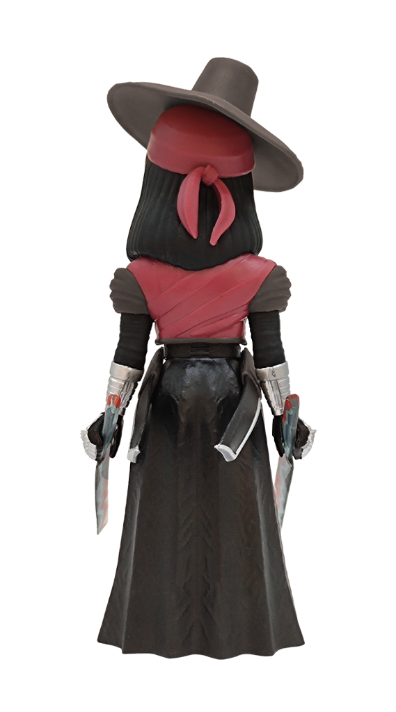 Back view of MINIX Rebel Moon Nemesis 112 figure of a woman in a hat holding weapons