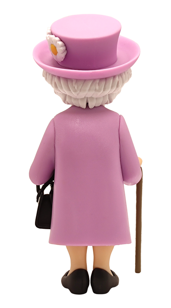 Back view of Minix Queen Elizabeth II vinyl figure in a pink coat and hat with white daisy details holding a black handbag and flowers with a walking stick