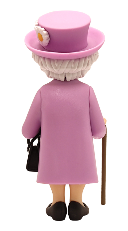 Back view of Minix Queen Elizabeth II vinyl figure in a pink coat and hat with white daisy details holding a black handbag and flowers with a walking stick