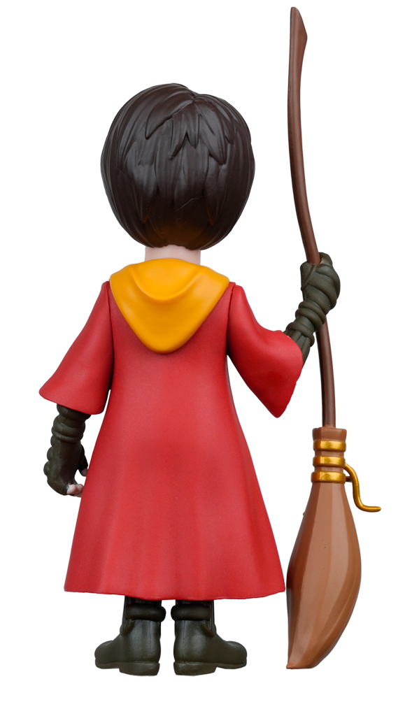 A MINIX Harry Potter Quidditch figure is viewed from the back, wearing a red robe with a yellow hood, holding a brown broomstick in its right hand