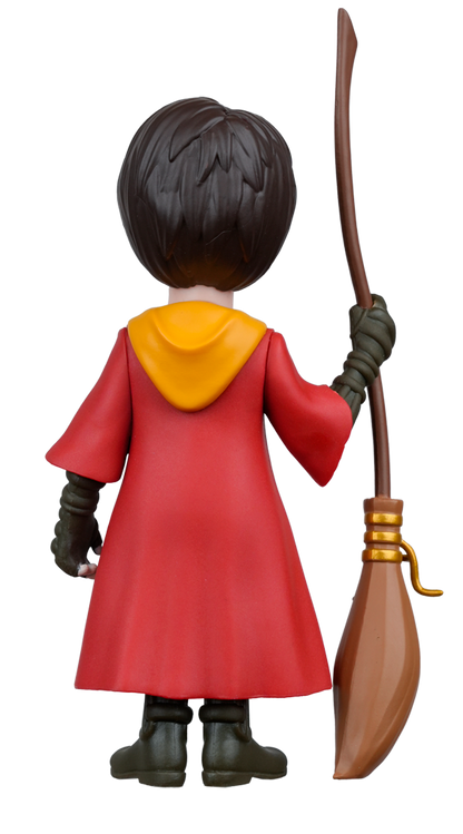 A MINIX Harry Potter Quidditch figure is viewed from the back, wearing a red robe with a yellow hood, holding a brown broomstick in its right hand