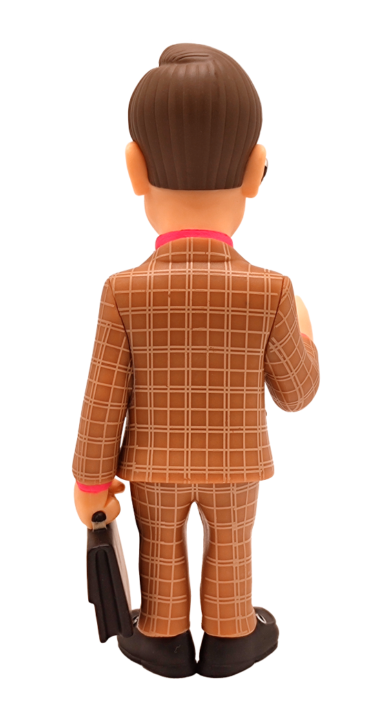 Back view of Minix Better Call Saul Saul Goodman vinyl figure in a brown plaid suit pink shirt colorful tie and blue ribbon holding a briefcase