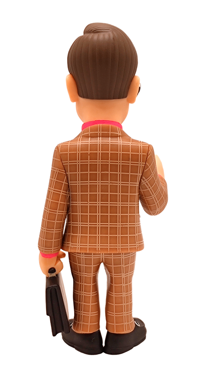 Back view of Minix Better Call Saul Saul Goodman vinyl figure in a brown plaid suit pink shirt colorful tie and blue ribbon holding a briefcase