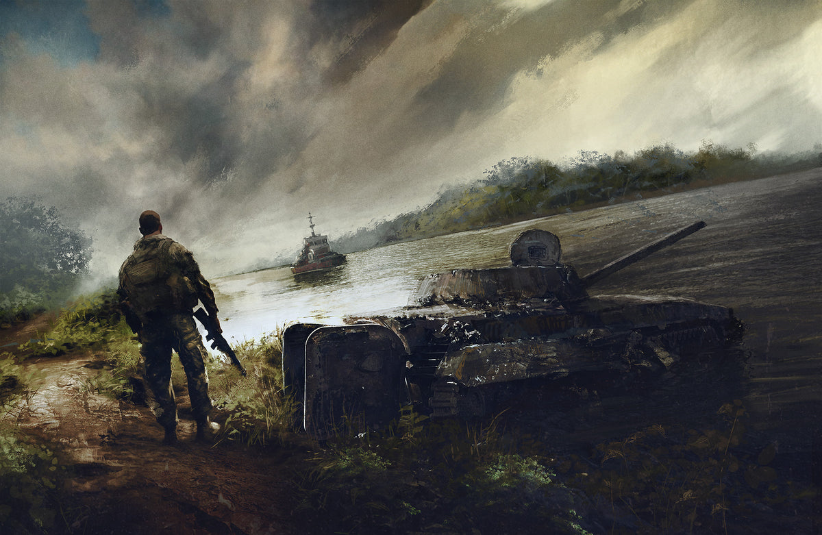 A soldier overlooks a river with a boat and a ruined tank under a dramatic sky