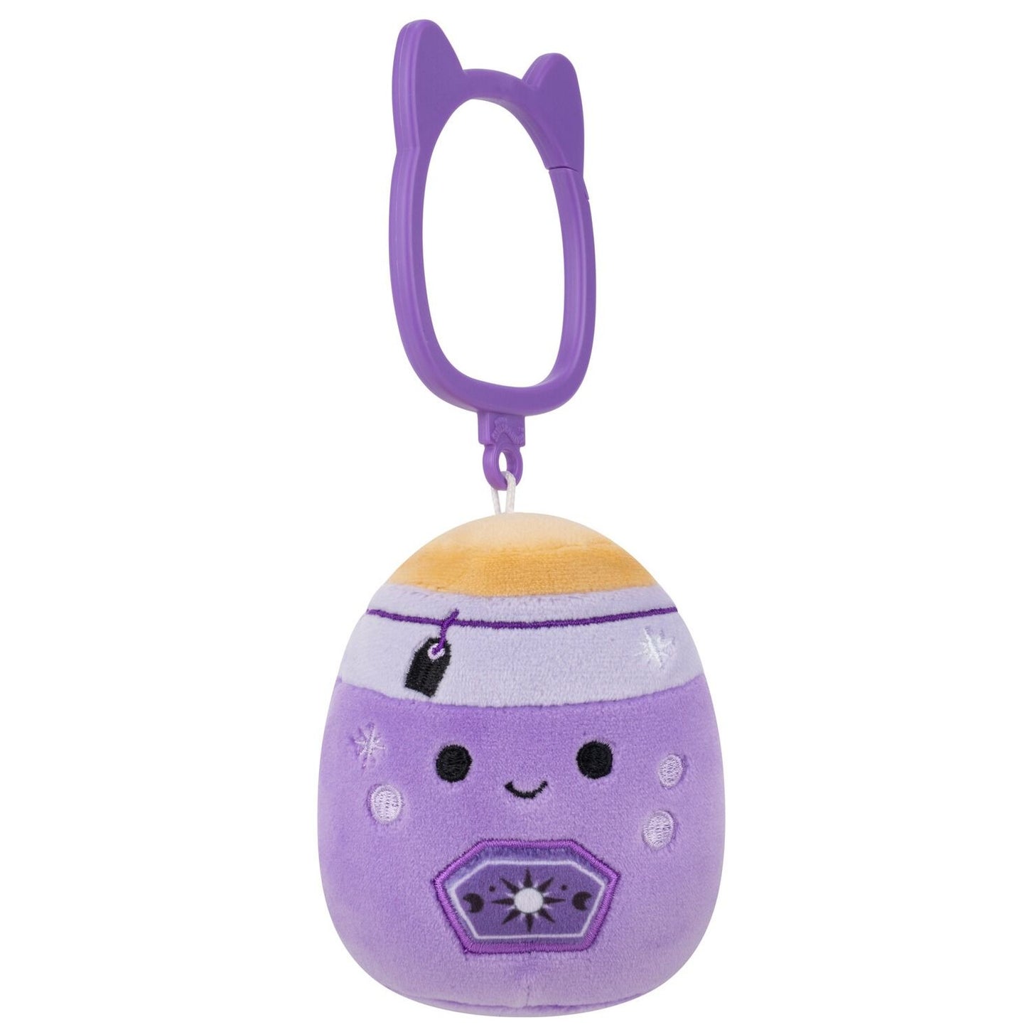 Purple egg-shaped plush keychain with smiling face, sun symbol, and cat ear clip