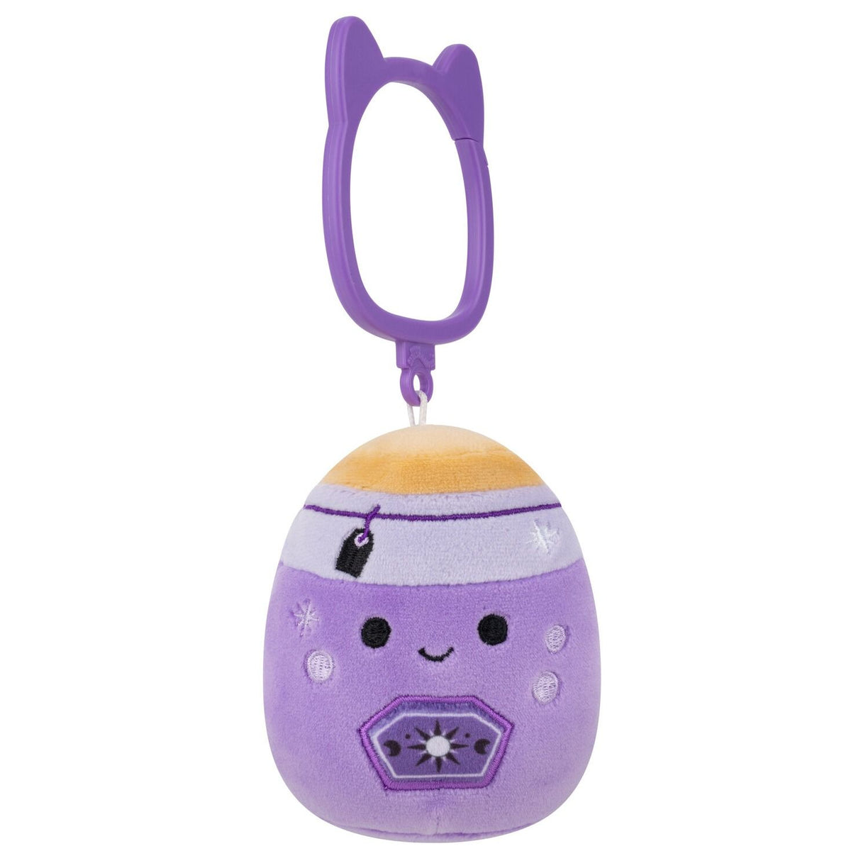 Purple egg-shaped plush keychain with smiling face, sun symbol, and cat ear clip