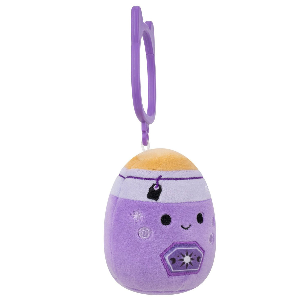 Side view of purple egg-shaped plush keychain with smiling face, sun symbol, and cat ear clip