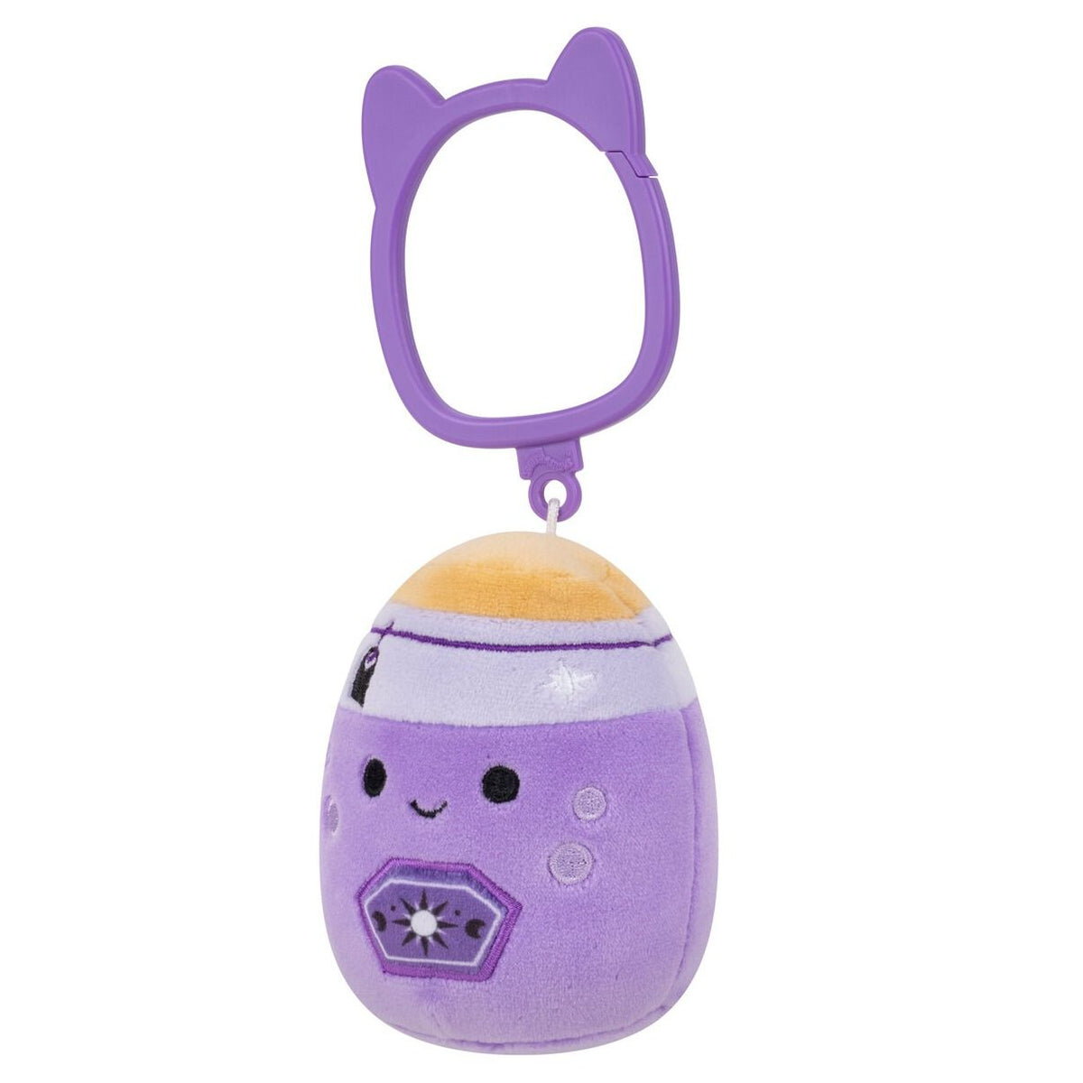 Side view of purple egg-shaped plush keychain with smiling face, sun symbol, and cat ear clip