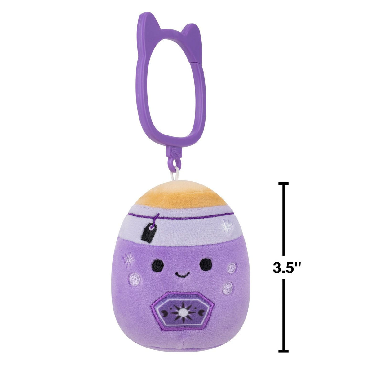 Side view of purple egg-shaped plush keychain with smiling face, sun symbol, and cat ear clip with showing dimension