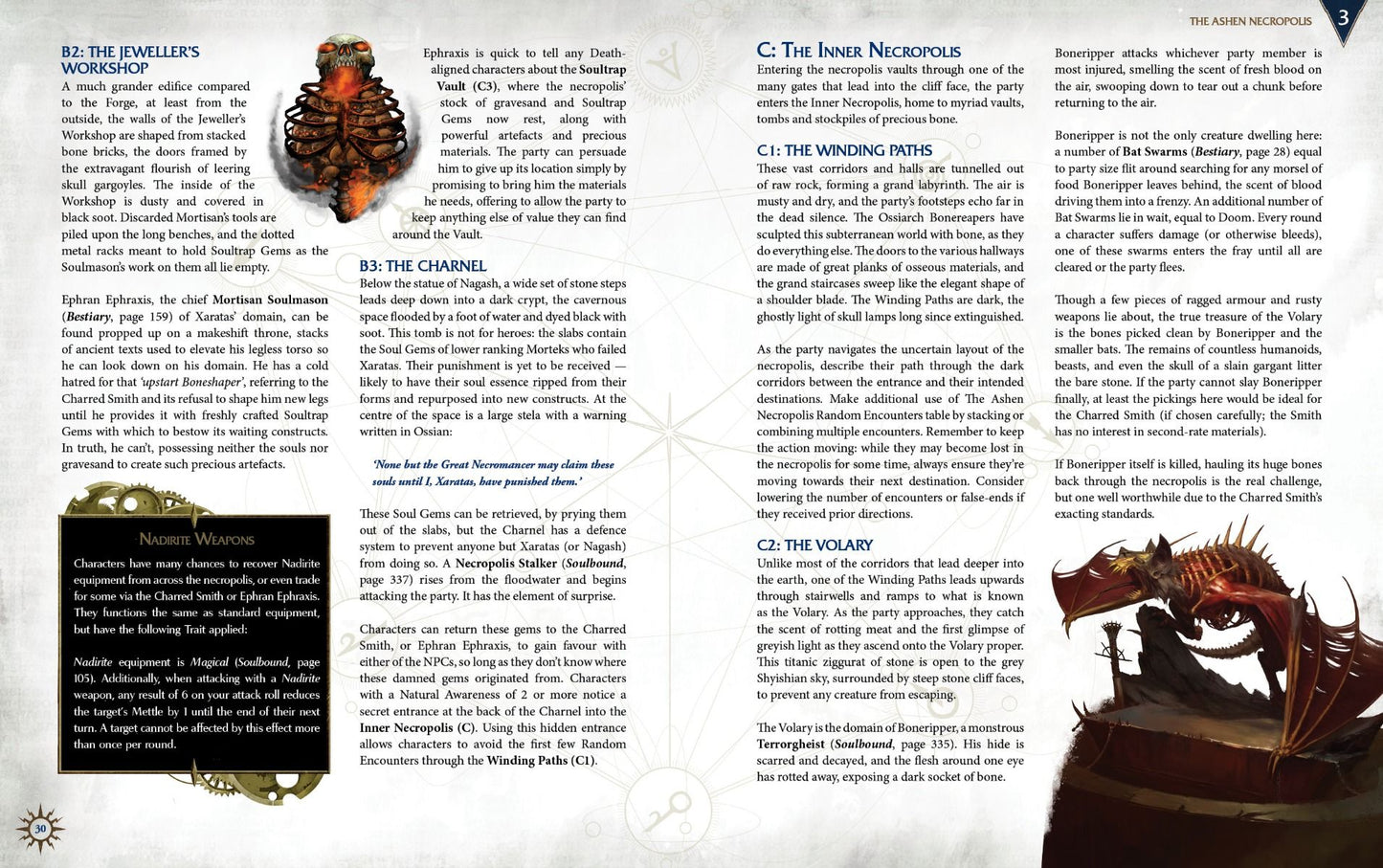 A flaming skeletal Soulmason, and a large winged skeletal Boneripper perched on ruins