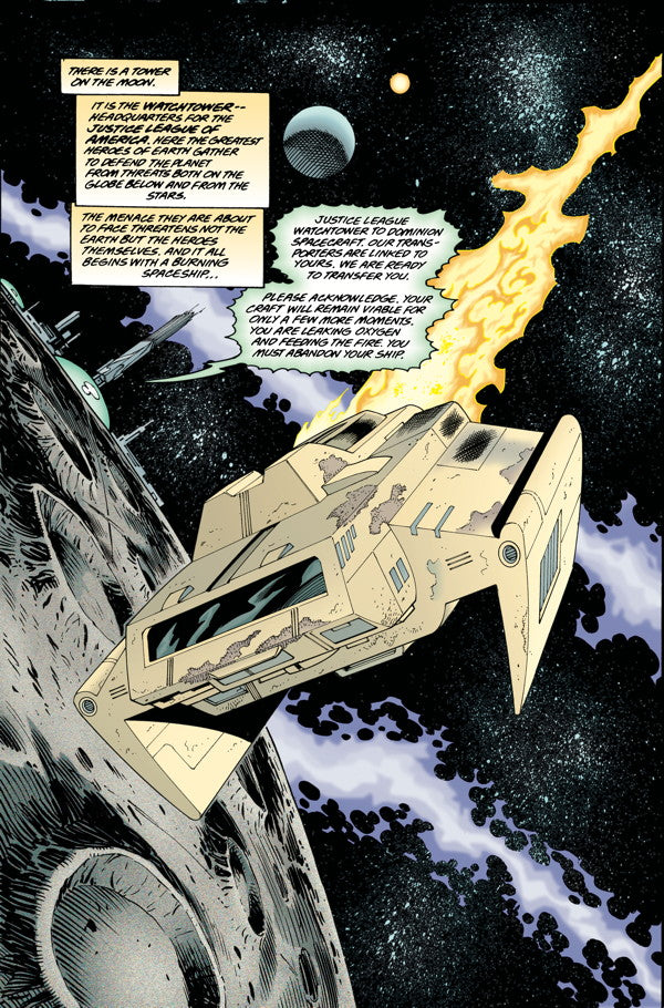A burning damaged spaceship flies above a cratered moon, with the Justice League's Watchtower in the starry background and graphic novel dialogue text
