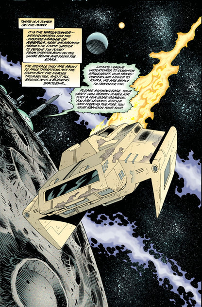 A burning damaged spaceship flies above a cratered moon, with the Justice League's Watchtower in the starry background and graphic novel dialogue text