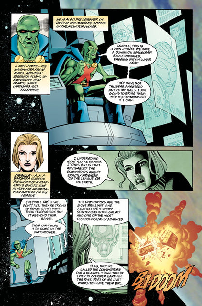A graphic novel page from Justice League Volume 2 graphic novel depicts a green alien communicating with a woman through screens, with a large explosion in the final panel