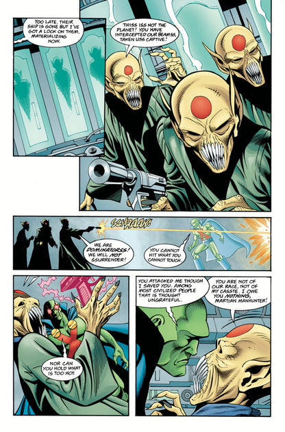 A Justice League graphic novel page shows yellow-skinned Dominators materializing and attacking Martian Manhunter who retaliates with heat vision and a powerful grip