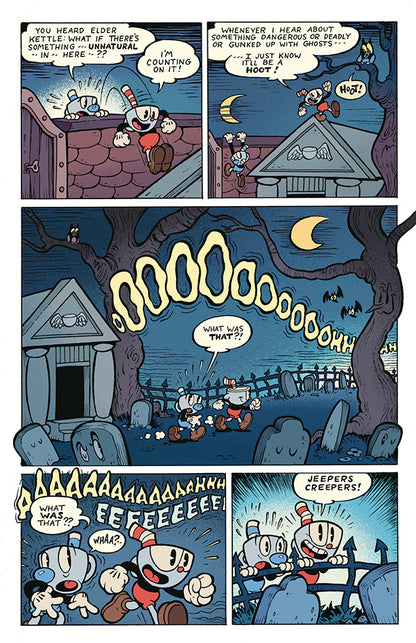 A multi-panel page from Dark Horse Cuphead Volume 1 comic shows Cuphead and Mugman running scared through a moonlit graveyard full of tombstones and an old crypt