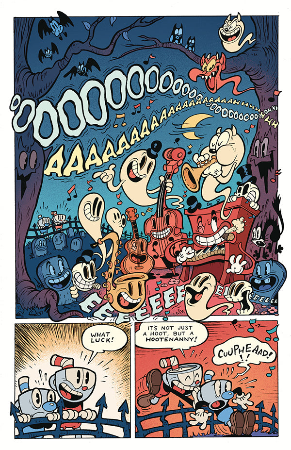 A colorful comic page from Cuphead Volume 1 depicts Cuphead and Mugman discovering a lively, moonlit graveyard jam session featuring dancing ghosts and personified instruments