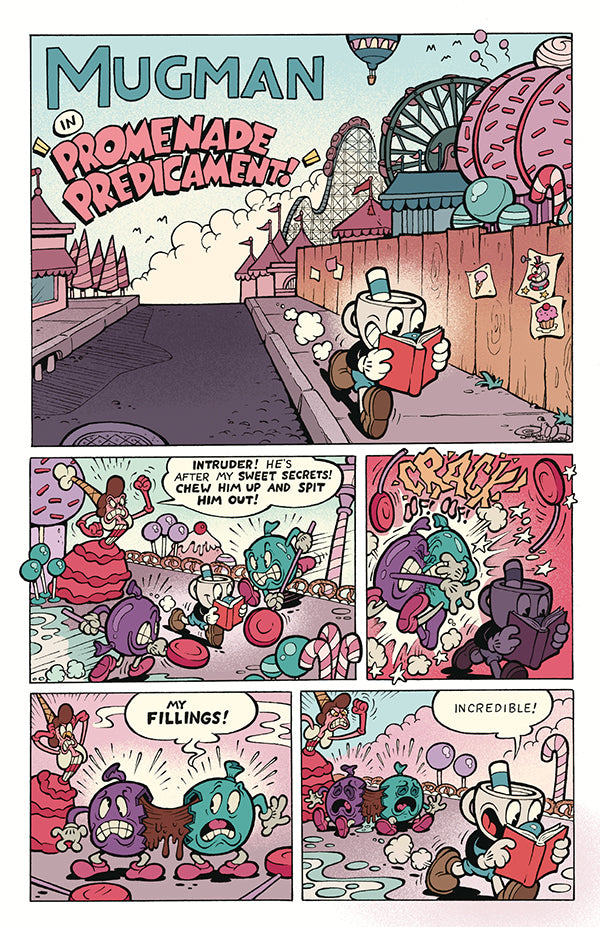 A vibrant Cuphead comic page shows Mugman reading in a carnival, then attacked by angry candies that burst into gooey filling as he observes with curiosity