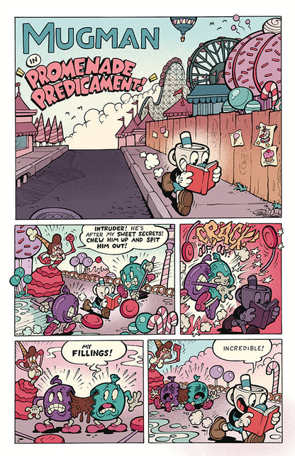 A vibrant Cuphead comic page shows Mugman reading in a carnival, then attacked by angry candies that burst into gooey filling as he observes with curiosity