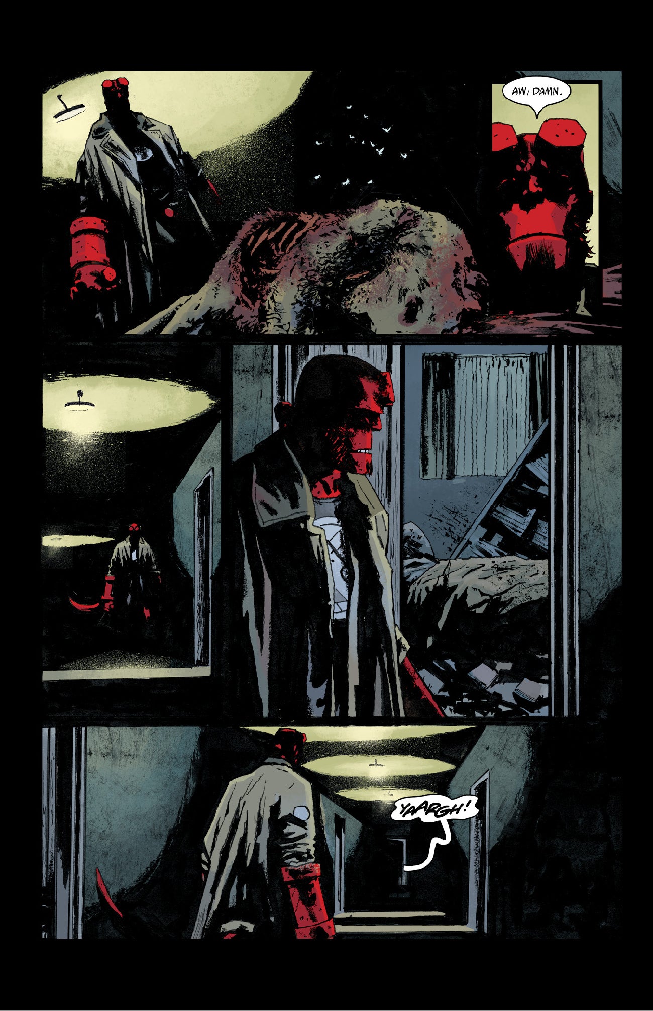 Hellboy views a large dead monster, then walks a dark hallway, exclaiming "Aw, damn" and "Yaargh!"