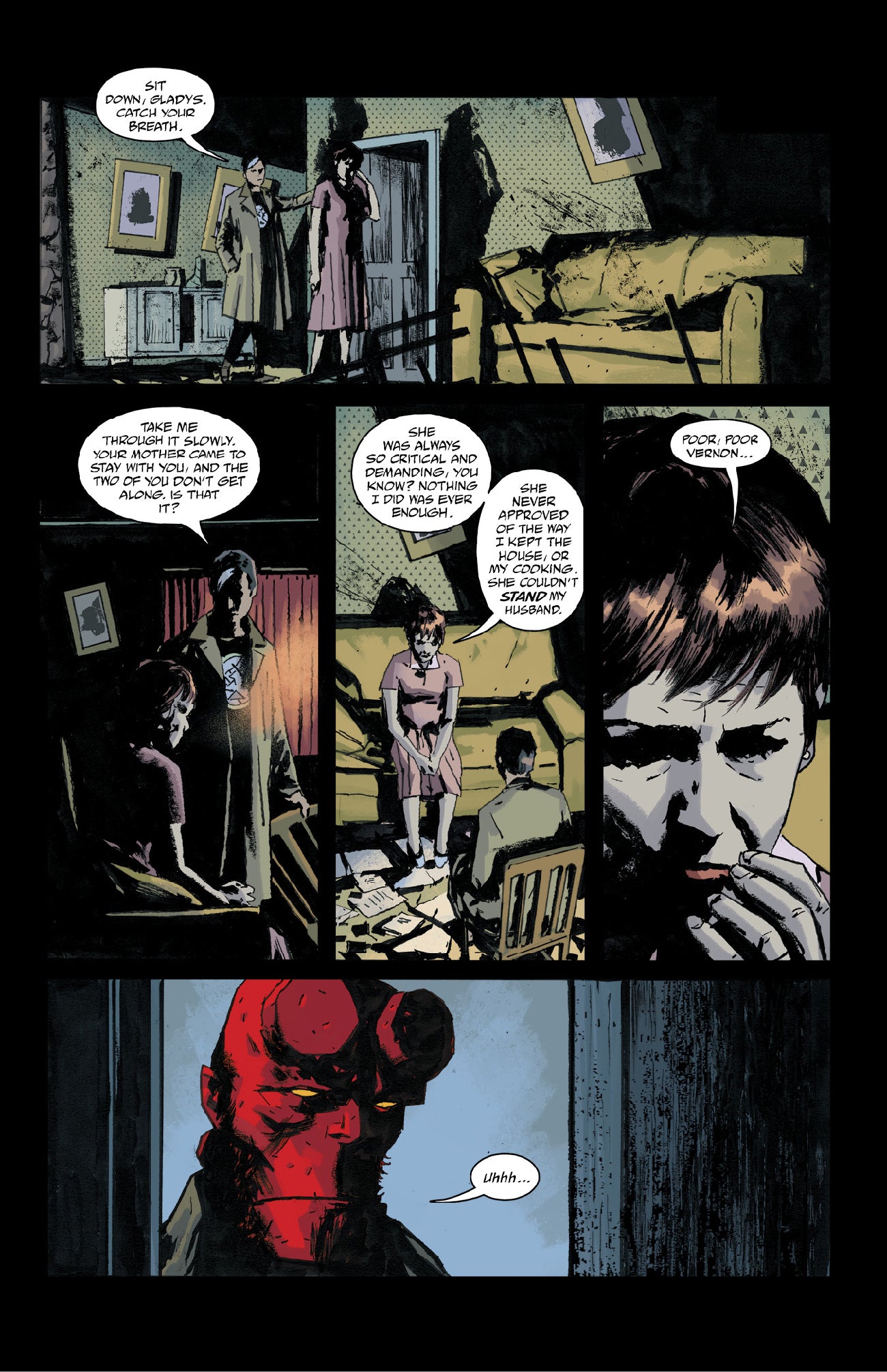 A distressed woman discusses her demanding mother and disliked husband in a comic page, observed by Hellboy