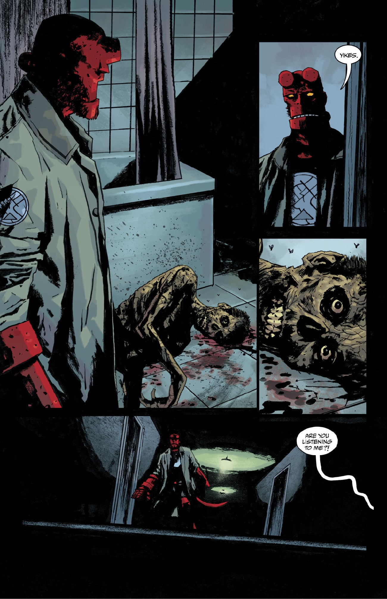 Hellboy discovers a bloody, dismembered corpse on a bathroom floor, reacting with "Yikes"