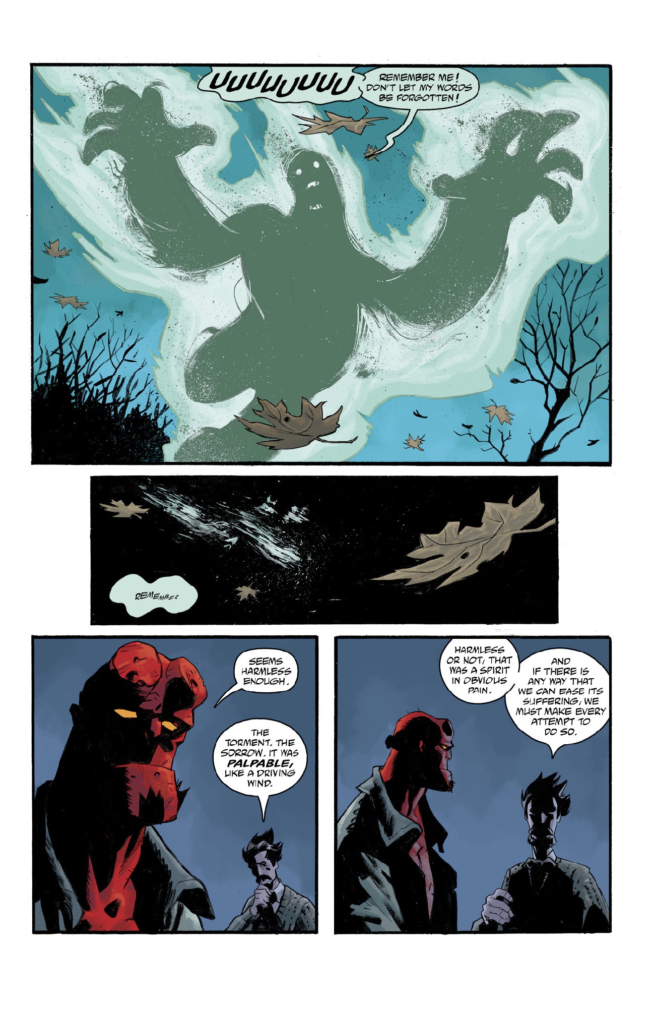 A huge, shadowy ghost with outstretched arms emerges from mist and leaves, as Hellboy and a man discuss it