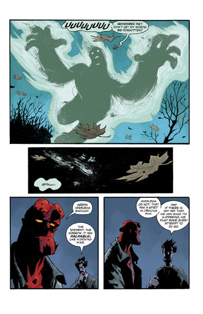 A huge, shadowy ghost with outstretched arms emerges from mist and leaves, as Hellboy and a man discuss it