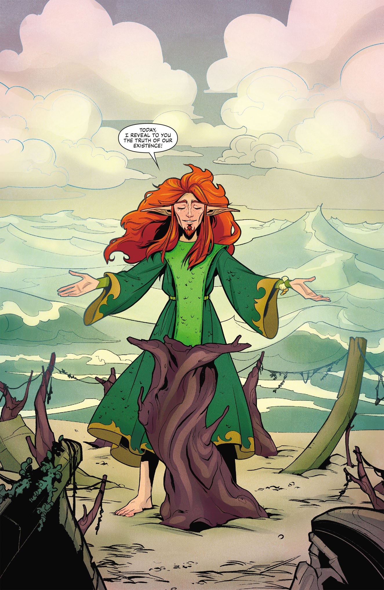 A comic panel shows Artagan, an elf-like character with red hair and green robes, standing on a beach with outstretched arms and a speech bubble