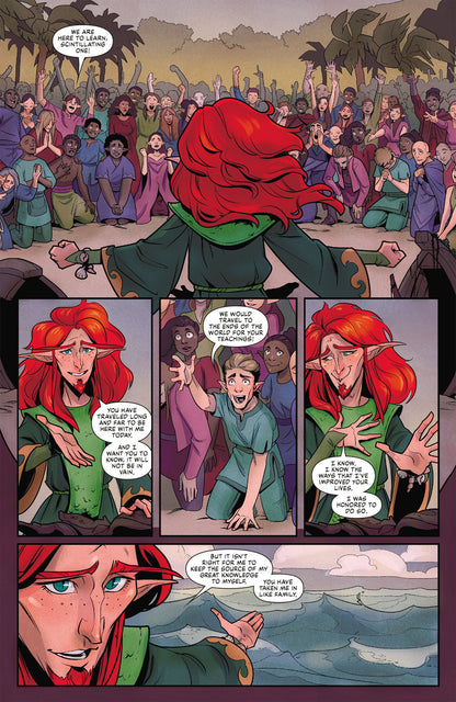 A comic page shows the red-haired fey Artagan addressing an adoring crowd under palm trees, with panels detailing their fervent exchange and Artagan gazing thoughtfully at the ocean
