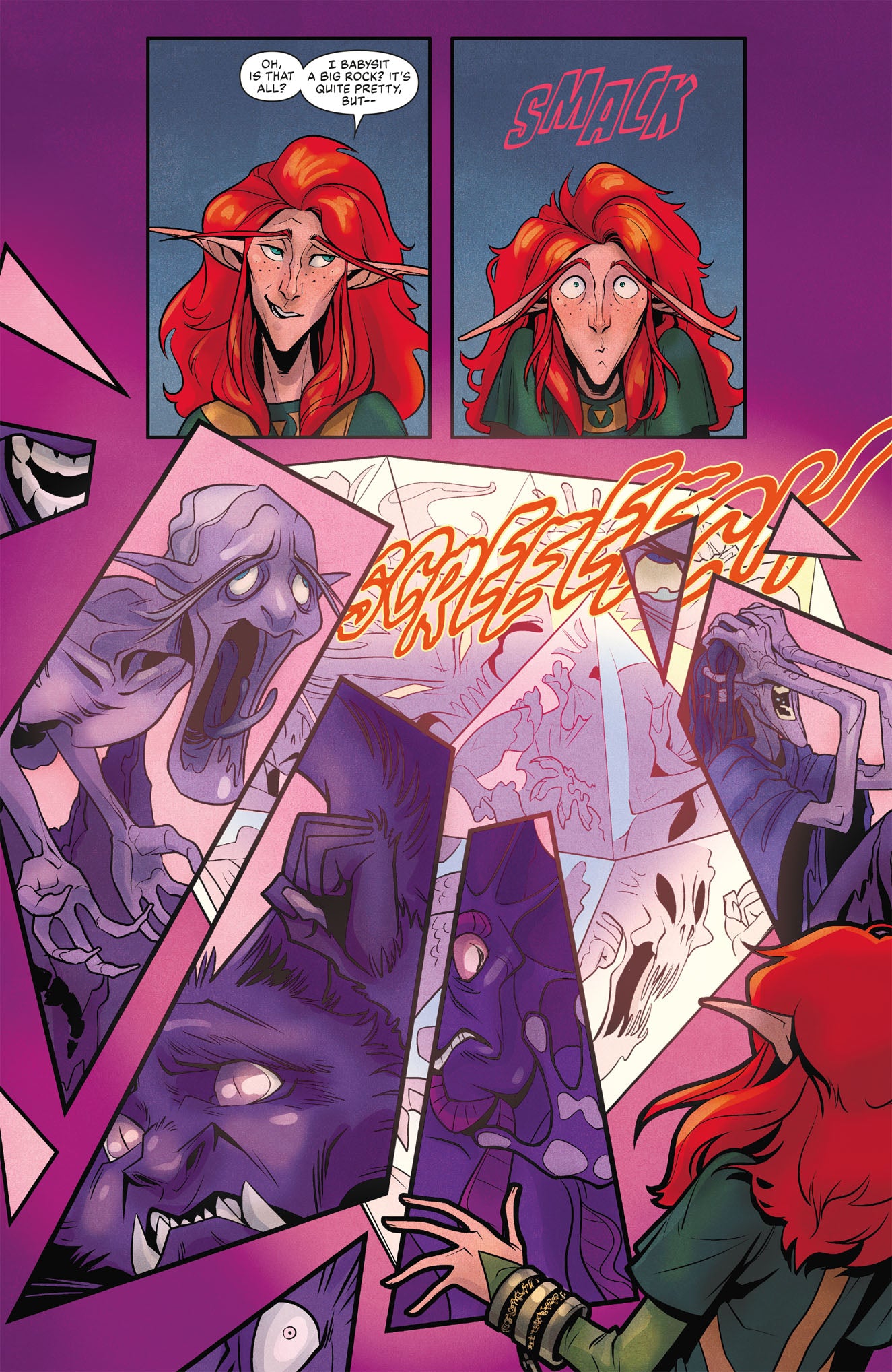 A detailed comic book page from the Artagan book displays a red-haired elf reacting with wide-eyed surprise to a shattering scene filled with various purple monstrous figures