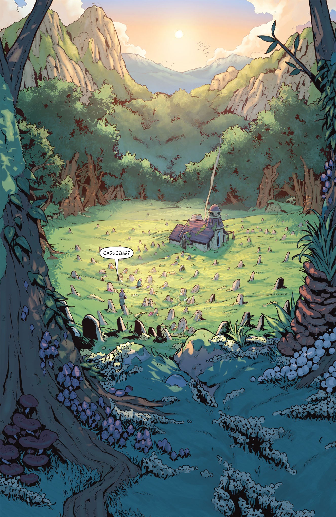 A lone figure walks through a sunlit mountain graveyard, asking, "CADUCEUS?" A small chapel is in the distance
