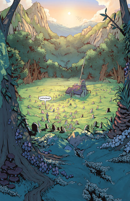 A lone figure walks through a sunlit mountain graveyard, asking, "CADUCEUS?" A small chapel is in the distance