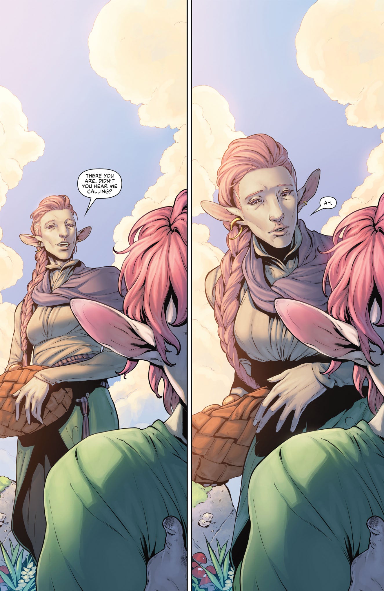 A pink-haired elf with a basket speaks to another character, then touches their arm with a pensive look