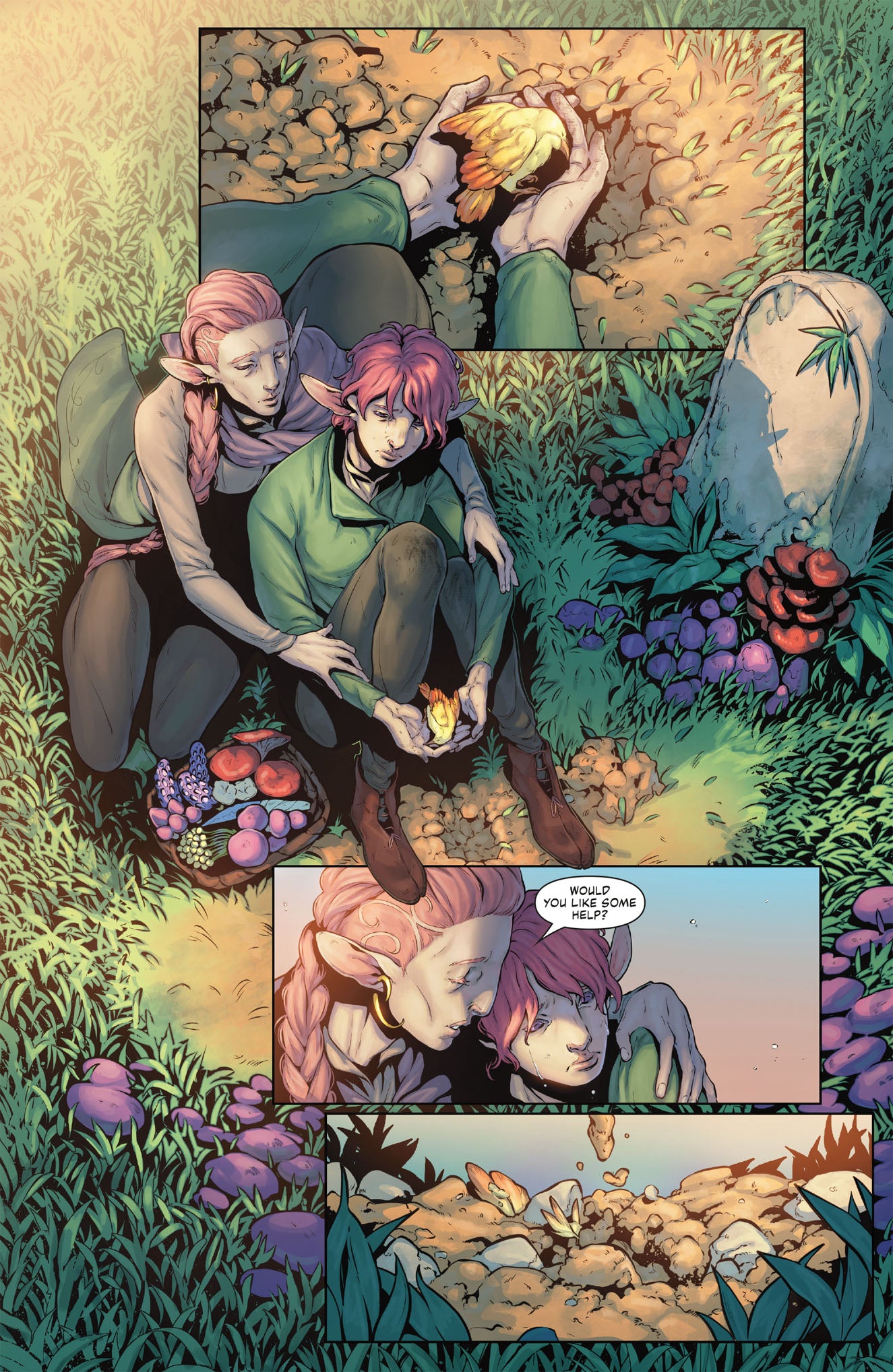 An older elf comforts a crying younger elf holding a glowing bird. Broken eggshells litter the forest ground nearby as help is offered