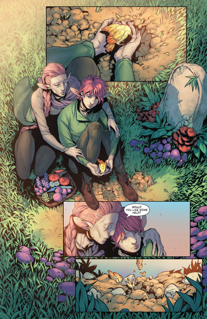 An older elf comforts a crying younger elf holding a glowing bird. Broken eggshells litter the forest ground nearby as help is offered