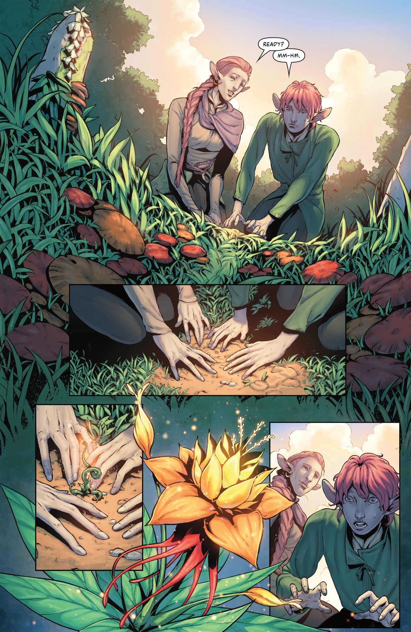 Two elves use magic to grow a vibrant, glowing plant from the ground in a forest clearing, looking surprised