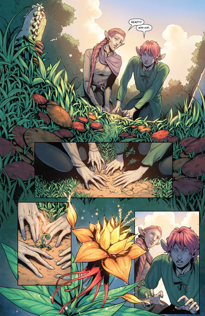 Two elves use magic to grow a vibrant, glowing plant from the ground in a forest clearing, looking surprised