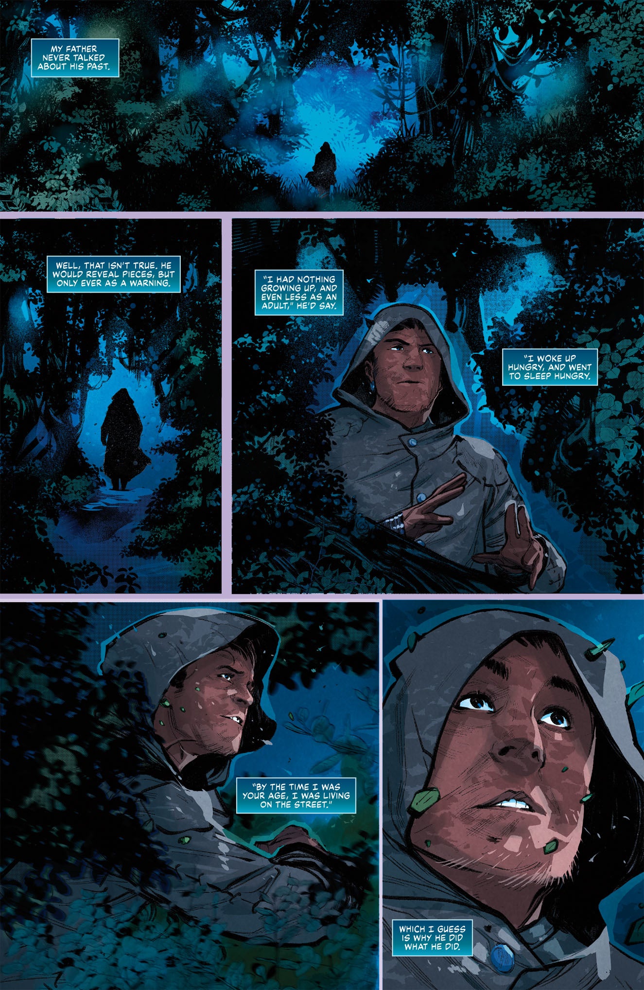 This page from Dark Horse Critical Role The Mighty Nein Origins Beauregard Lionett Book features five panels of a hooded figure in a blue-toned forest with dialogue