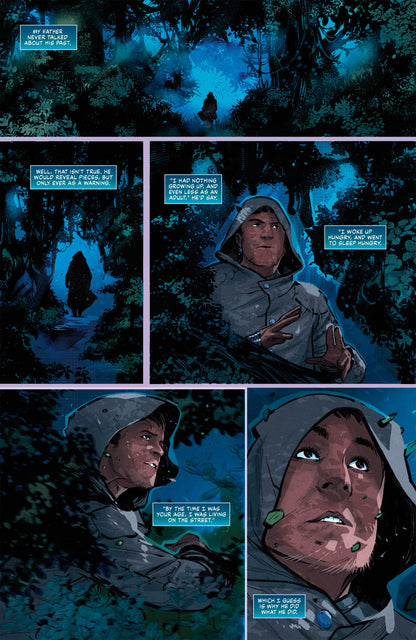 This page from Dark Horse Critical Role The Mighty Nein Origins Beauregard Lionett Book features five panels of a hooded figure in a blue-toned forest with dialogue
