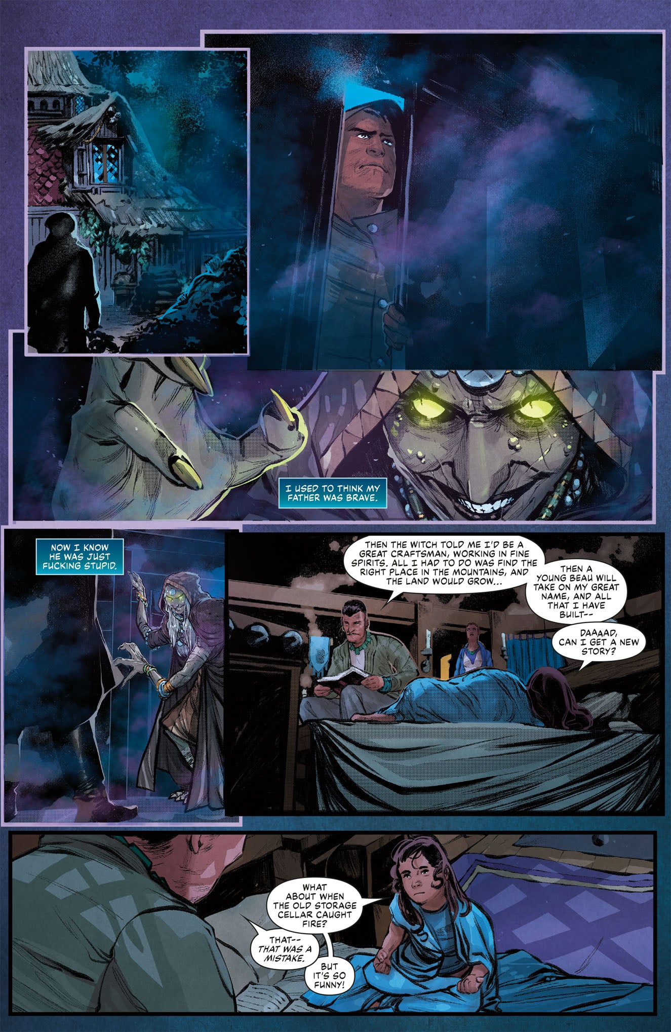 An interior comic page from Dark Horse's Critical Role Beauregard Lionett book shows multiple panels with a glowing-eyed witch, a dark house, and a father reading to his daughter